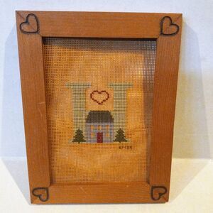 Vintage Framed Finished Cross Stitch-House-Letter H-Wooden Frame-1989-Primitive